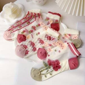 5Pairs Floral & Bear Ankle Socks