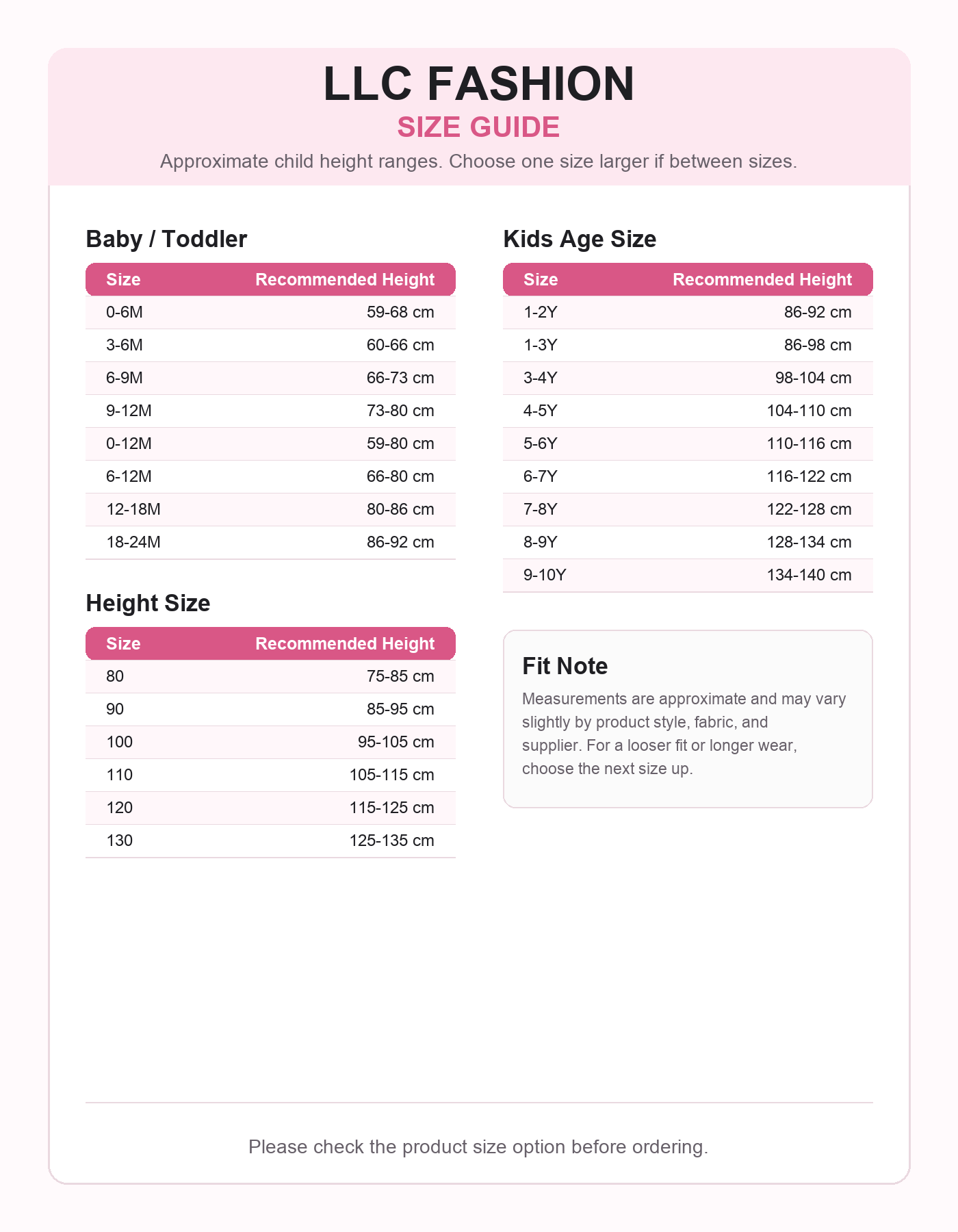 LLC Fashion Size Guide